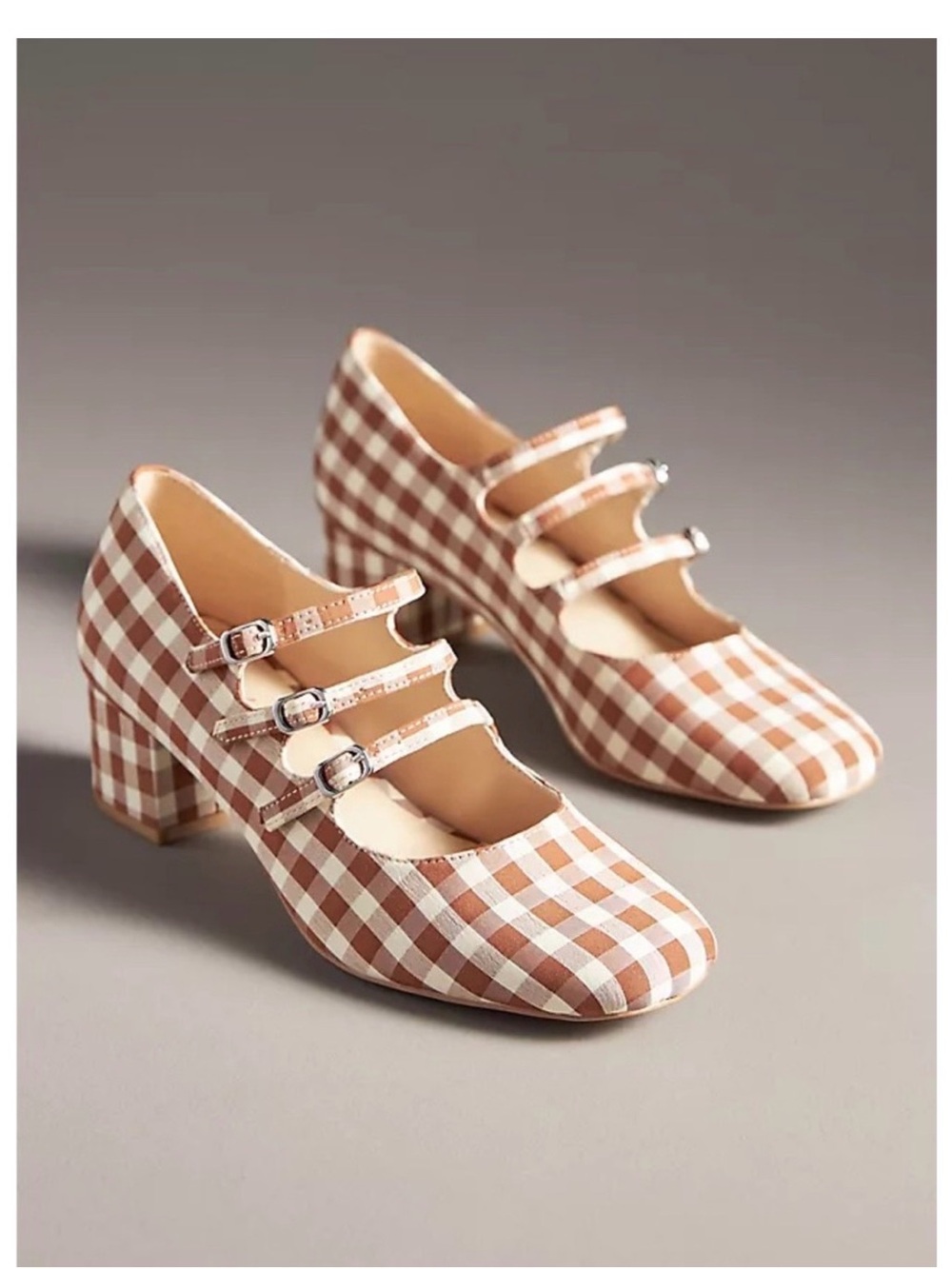 For Love And Lemons Brown and White Gingham Triple-Strap Heels